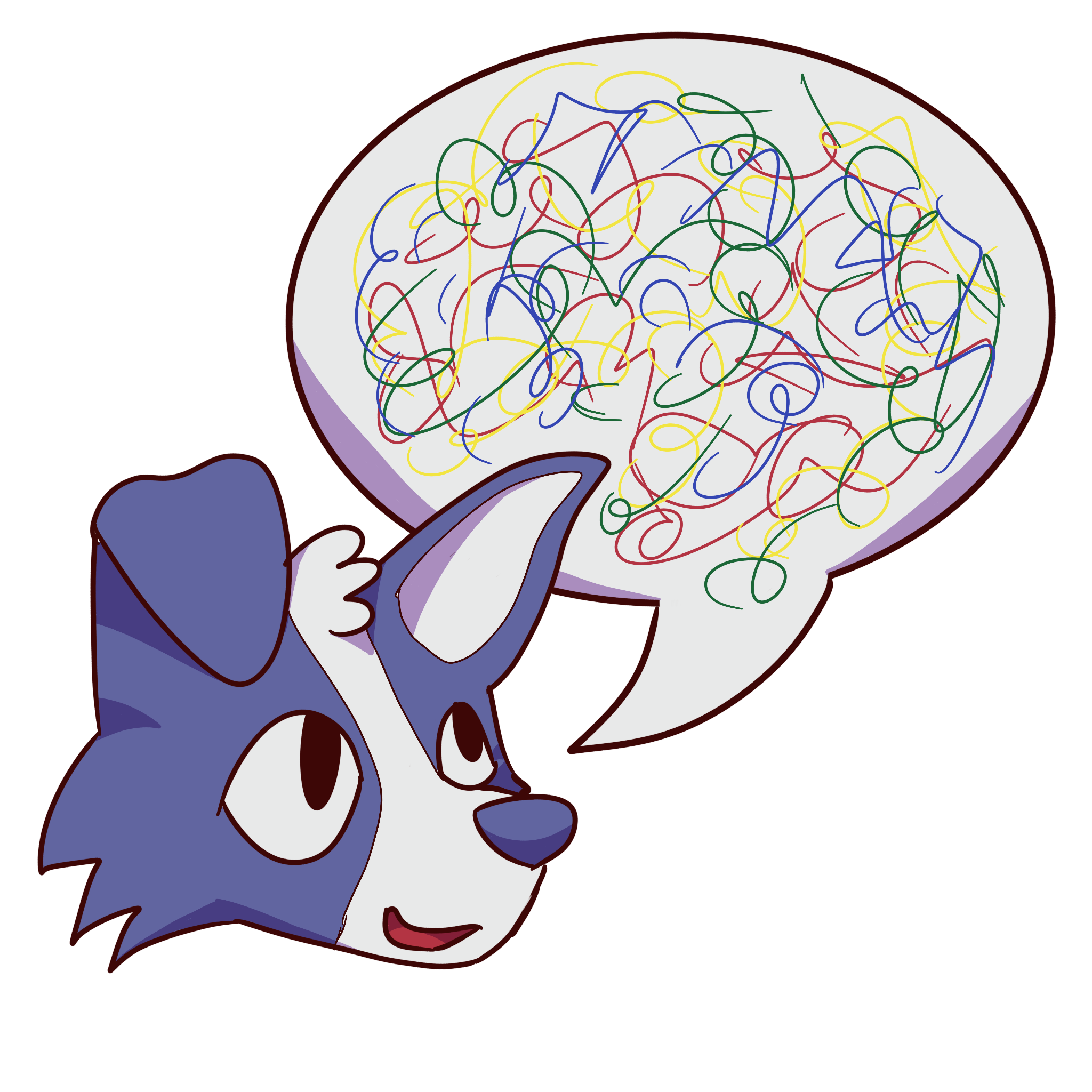 a blue dog opening its mouth by a speech bubble. the speech bubble is filled with yellow red blue and green scribbles